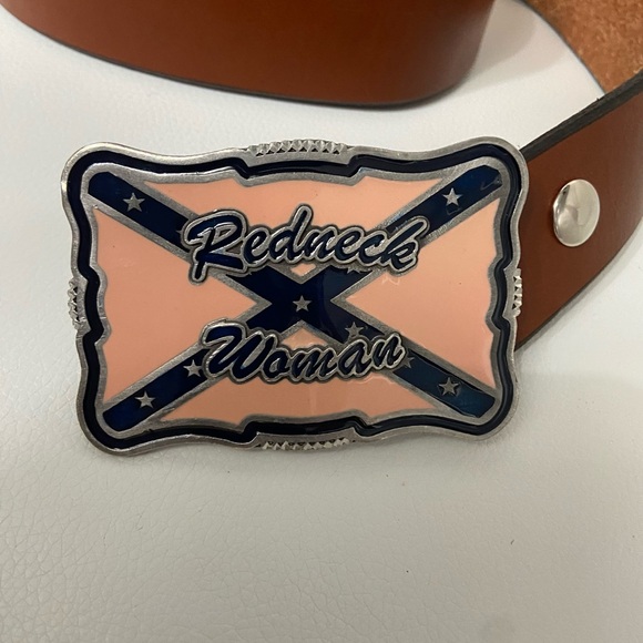 Vintage 2004 Pink & Black Redneck Woman Belt Buckle & Brown Belt 42" Trucker - Picture 3 of 8